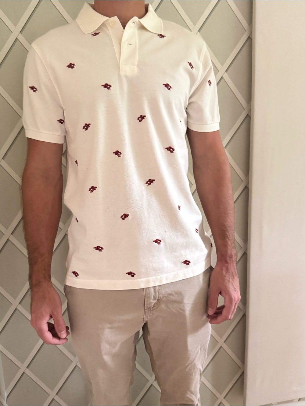 Men’s J. Crew White Polo with Small Red Embroidered Motifs